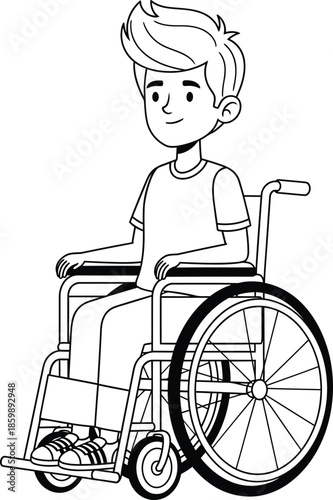 Black and white line art illustration of a smiling young boy with styled hair sitting in a manual wheelchair.