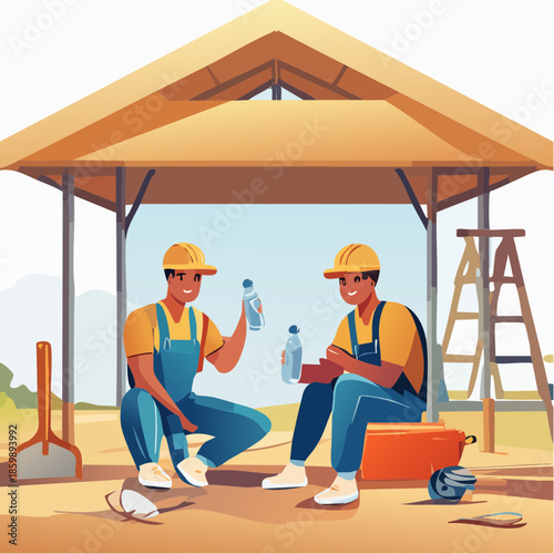 Two construction workers taking a break under a shelter on a construction site