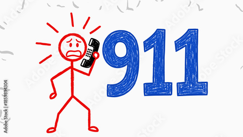 A distressed stick figure dials 911, illustrating the urgent concept of needing immediate emergency assistance and a rapid response from essential services during a crisis