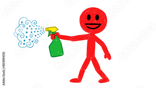 A cheerful red stick figure character actively sprays a refreshing mist from a green spray bottle, conveying themes of cleanliness, hygiene, and a positive approach