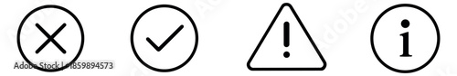 Simple line art interface icons set featuring a cross mark, a check mark, a warning triangle, and an information symbol for user interface design and notifications