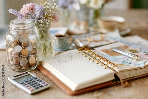 A Cozy Workspace with a Notebook, Flowers, and a Calculator, Perfect for Budgeting, Planning, and Creative Work at a Rustic Wooden Table