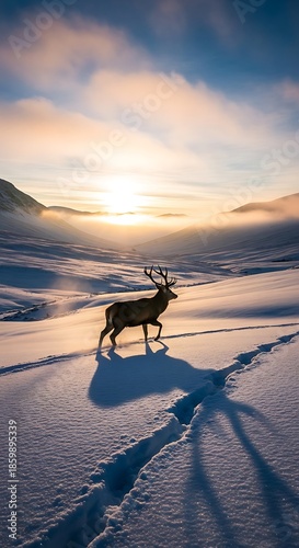 Deer standing on snowy landscape sunset.