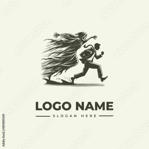 A dynamic illustration of a man running from a flowing cloak, with a logo name and slogan on a clean background, in a vector style.
