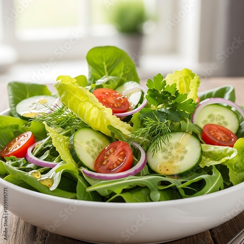 Fresh healthy salad in white bowl.
