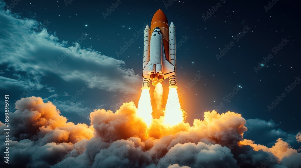 Obraz premium Space shuttle launching into space at night.