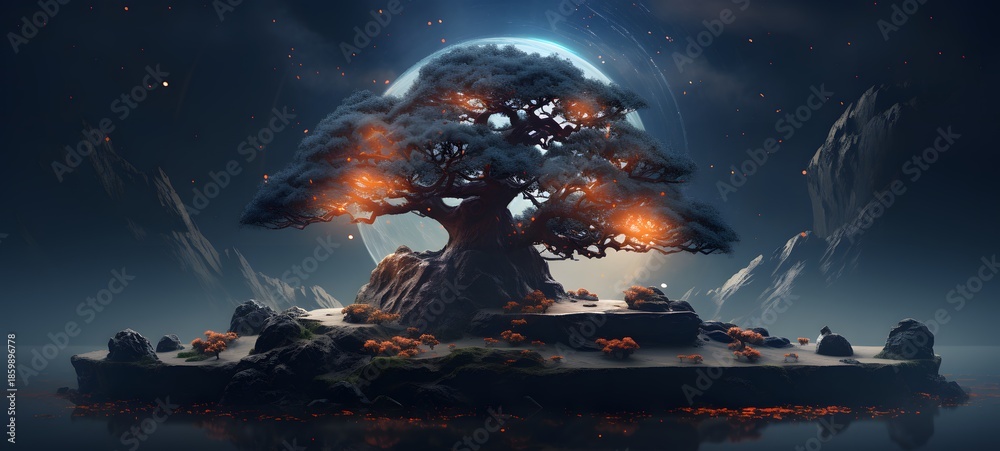 Obraz premium Pointillist grunge design of banyan bonsai with abstract dotted pattern,generative AI