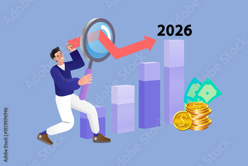 Businessman using magnifying glass to analyze rising red arrow graph and money stack with 2026 number. Flat vector illustration for financial forecast, profit growth and business investment success.