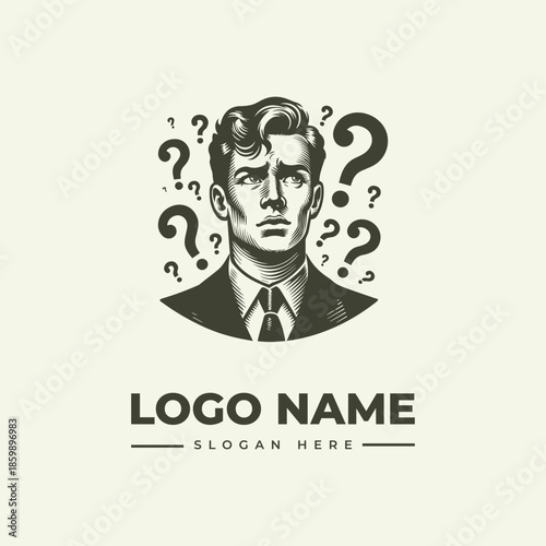 A black and white illustration of a man in a suit with question marks surrounding his head, set against a plain background with a logo and slogan text.