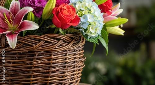 A woven basket overflows with vibrant blooms, including lilies, roses, and hydrangeas. Soft focus background hints at a floral shop setting. The natural light highlights the textures