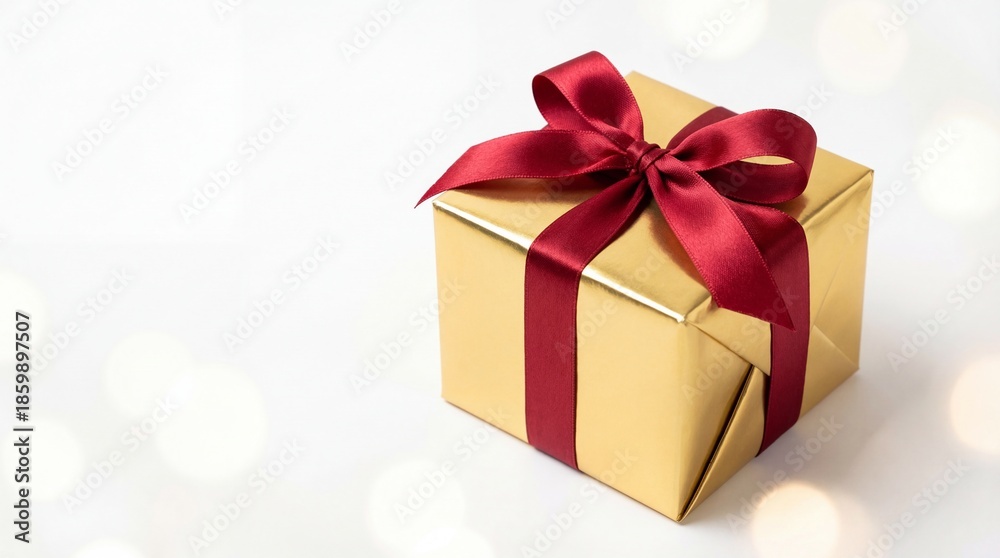 Fototapeta premium Golden Gift Box with Red Ribbon Isolated White Background
