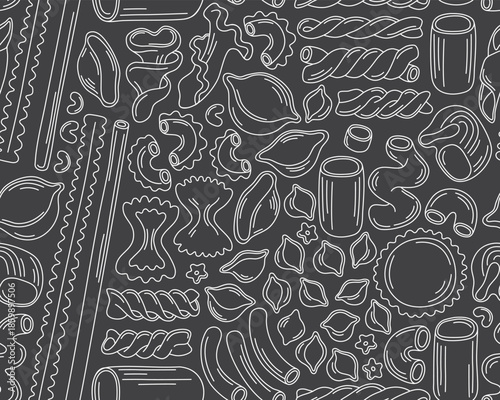 Seamless pattern with white outline illustrations of italian pasta of different shapes, macaroni on a black background. Pattern for menu, Italian cuisine restaurant.