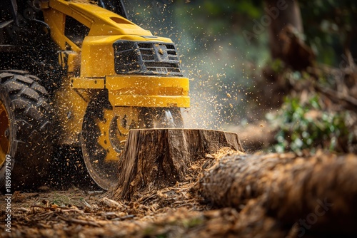 yellow stump grinder cutting tree