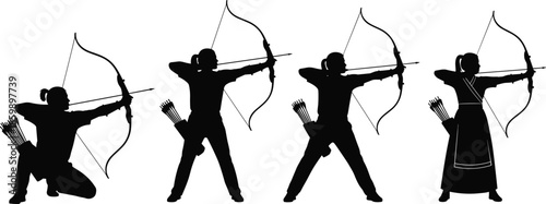 Set of female archer silhouettes with bow and arrow, girl archery athlete character icons, medieval warrior woman poses for sport and history,
