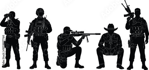 Set of military soldier silhouettes with sniper rifle and binoculars, tactical army warrior icons, special forces personnel character poses for war game design,Set of military soldier silhouettes with