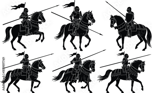 Set of medieval knight silhouettes on horses with spears and armor, ancient warrior horseback riders, historical military cavalry icons for logo design,
