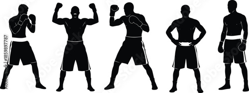 Set of professional boxer silhouettes in various fighting poses, muscular male athlete character icons, kickboxing and martial arts combat sports vector illustration,