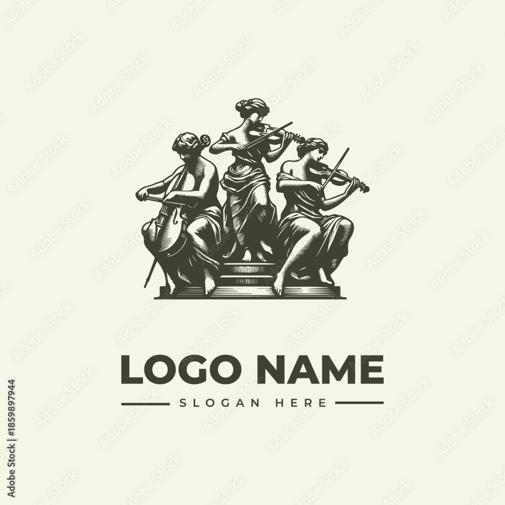 Fototapeta premium A logo design featuring an illustration of three classical musicians playing instruments on steps with a placeholder name and slogan on a neutral background.