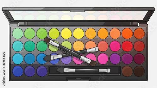 Vibrant makeup palette with assorted colorful eyeshadows and three brushes
