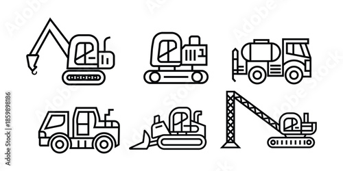 Excavation, bulldozer, and other construction vehicle line art icons design.
