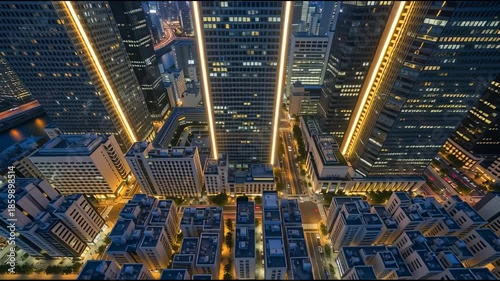 Aerial view of modern city buildings with bright illuminated towers at dusk