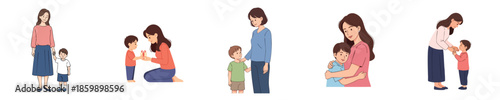 Happy Mothers Day Illustration Showing Tender Mother And Child Moments In Flat Vector Style