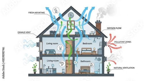 Cross section of a house showing natural ventilation and oxygen flow through rooms