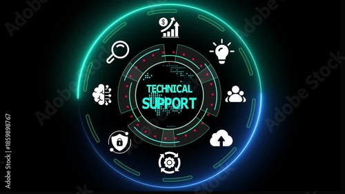 Technical support service concept with digital interface icons for IT helpdesk, cloud assistance, cybersecurity, and business technology solutions.