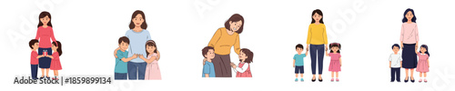 Happy Mothers Day Illustration Showing Loving Mom And Children Family Bond Moments In Flat Vector Style