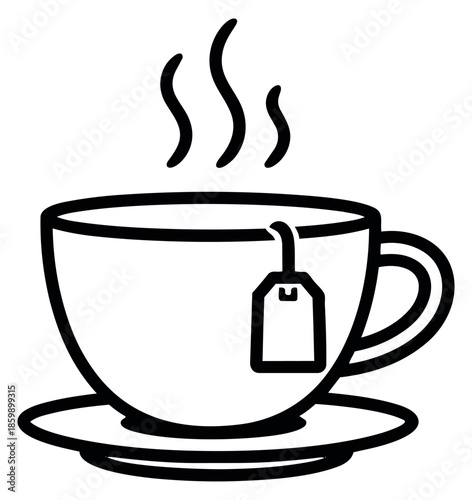 Line art illustration of a teacup depicting hot tea with steam for a cozy moment