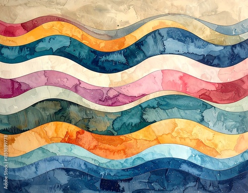 Abstract watercolor painting, vibrant waves overlapping with various colors and textures