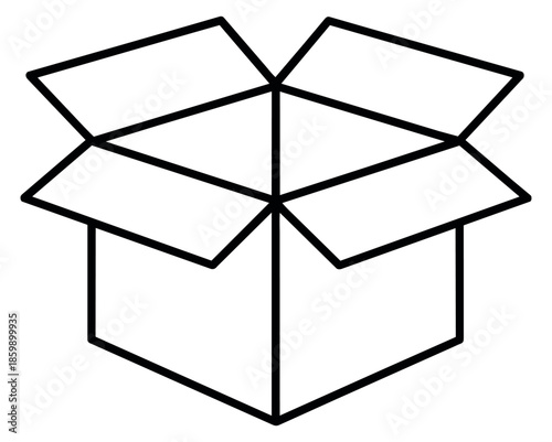 Line art illustration of an open box depicting packaging and shipping for commercial use