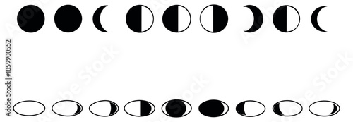 Graphic moon phases set featuring circular and elliptical lunar cycles for astronomy education