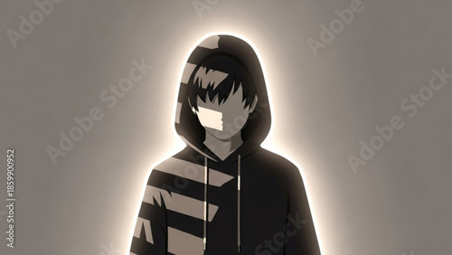 Anime style illustration of a faceless person wearing a black and white hoodie with a glowing background