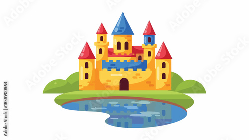 A colorful cartoon castle with towers and a moat on a small island against a plain white background.