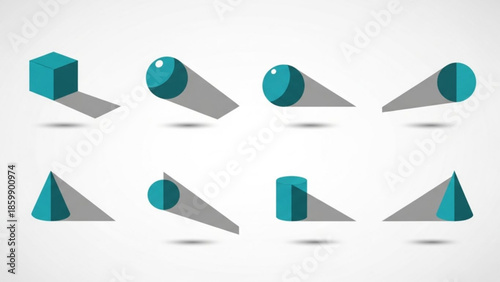 Teal 3d geometric shapes with shadows on white background, cube, sphere, cylinder, cone