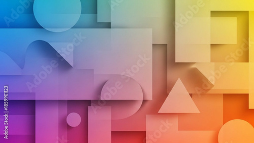 Vibrant geometric shapes in rainbow colors, abstract background with squares, circles, and triangles