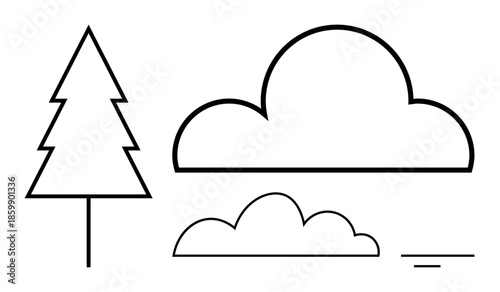 Tree and cloud outlines. Tree and cloud graphics are versatile for design projects. Tree and cloud line art suits of nature, environment, and simplicity. Perfect for eco-design, education, art