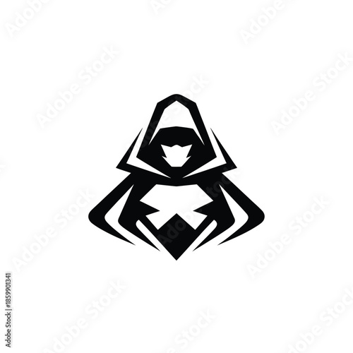 A striking black and white graphic of a hooded figure design