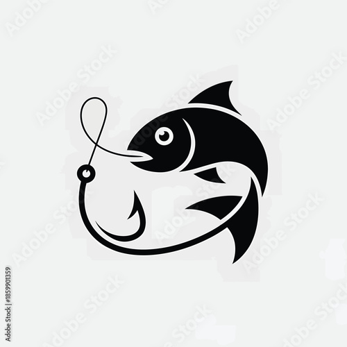 A sleek black silhouette of a fish caught on a fishing hook