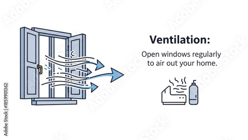 Illustration of open window with airflow arrows showing ventilation and fresh air circulation in home