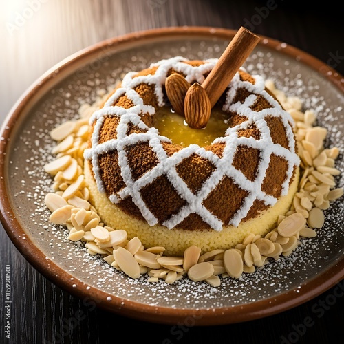 Delicious pumpkin dessert with cinnamon sticks.