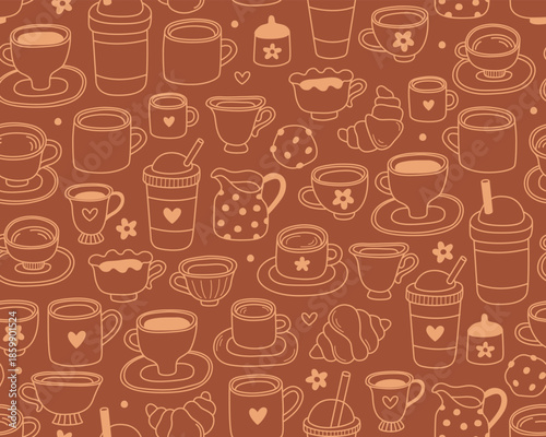 Seamless pattern with outline illustrations of coffee and tea on brown background. Teapots, mugs and cups, coffee grinder, coffee beans. Pattern for coffee shop, cafe menu.