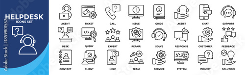Helpdesk icon set collection. pack contain support, ticket, agent, chat, call, assist, response, query, help, solve