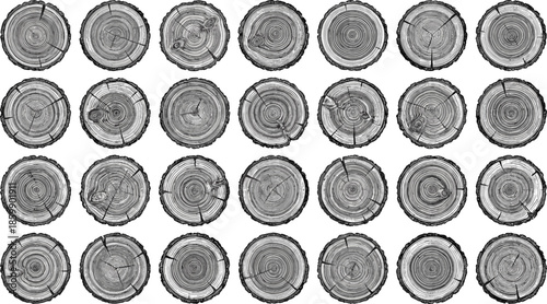 Collection of detailed tree trunk cross section illustrations showing natural wood rings, cracks and texture isolated on white background for rustic design