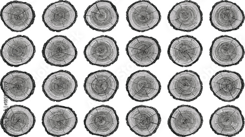 Collection of detailed wood log cross section illustrations showing tree rings and natural texture patterns isolated on white background for rustic design