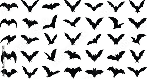 Collection of flying bat silhouettes in different wing positions spooky black Halloween bats icons set isolated on white background vector
