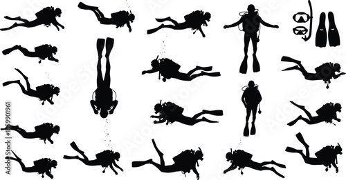 Collection of scuba diver silhouettes, underwater diving people and snorkeling equipment vector set, ocean exploration sports illustration for marine adventure design