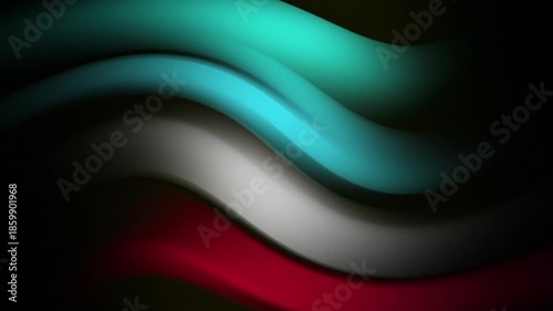 Abstract flowing waves of turquoise white and red colors on a dark background.