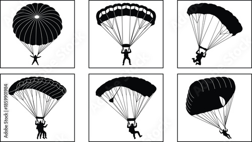 Collection of skydiver and parachute silhouettes in various flying and landing poses isolated on white background for design use
